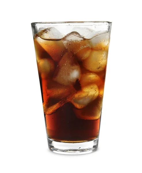 Glas Verfrissende Cola Met Ijsblokjes Witte Achtergrond — Stockfoto