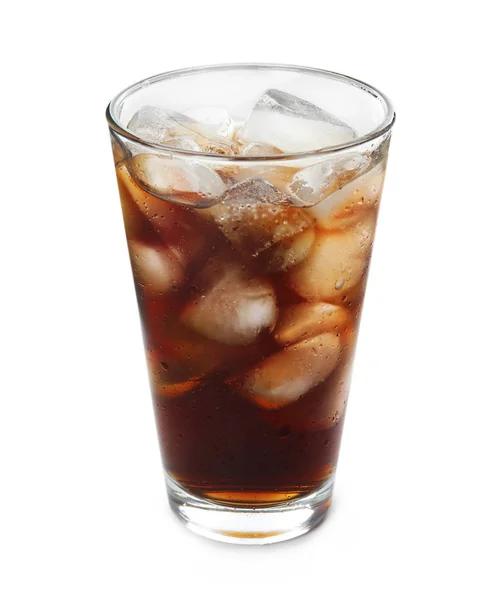Glas Verfrissende Cola Met Ijsblokjes Witte Achtergrond — Stockfoto