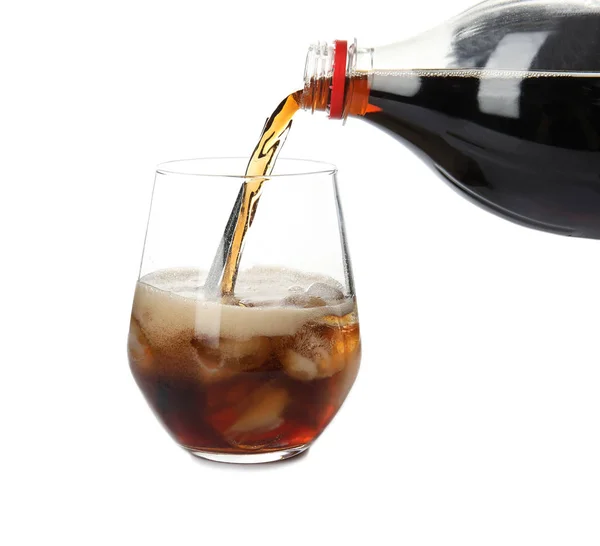 Pouring Refreshing Cola Glass Ice Cubes White Background — Stock Photo, Image