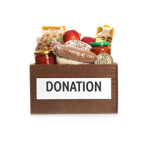 Spendenbox Voller Unterschiedlicher Produkte Auf Weißem Hintergrund — Stockfoto