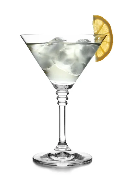 Glas Van Klassieke Martini Cocktail Met Ijsblokjes Citroen Witte Achtergrond — Stockfoto