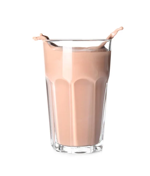 Vidro Com Leite Chocolate Espirrando Fundo Branco Bebida Láctea — Fotografia de Stock