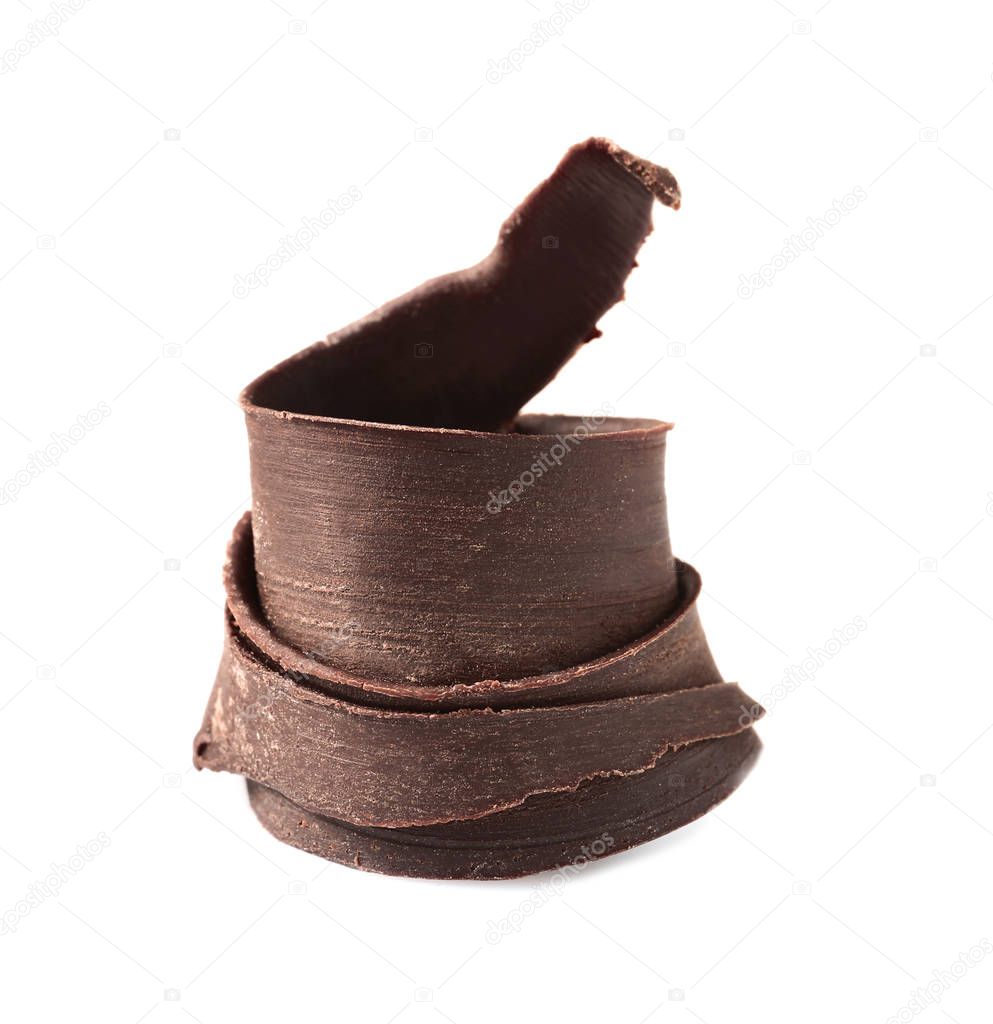 Yummy chocolate curl for decor on white background