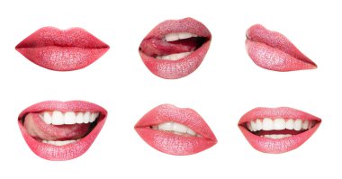 Set of mouths with beautiful make-up isolated on white. Shiny pink lipstick clipart
