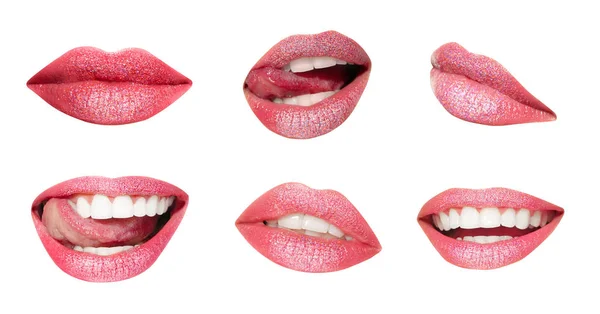 Münder Mit Wunderschönem Make Isoliert Auf Weiß Rosa Glänzender Lippenstift — Stockfoto