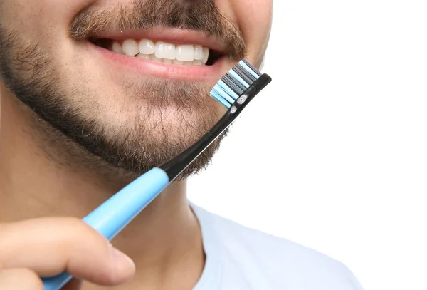 Young Man Toothbrush White Background Closeup Space Text — Stock Photo, Image