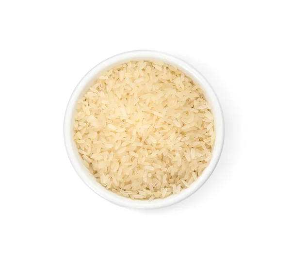 碗与未煮熟的米在白色背景 顶视图 — 图库照片