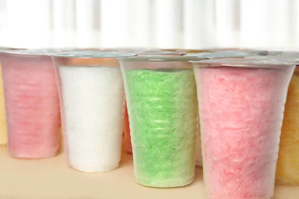 Plastic Cups Cotton Candy Table Blurred Background — Stock Photo, Image