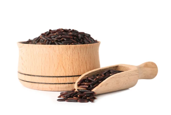 Bowl Scoop Uncooked Black Rice White Background — Stock Photo, Image