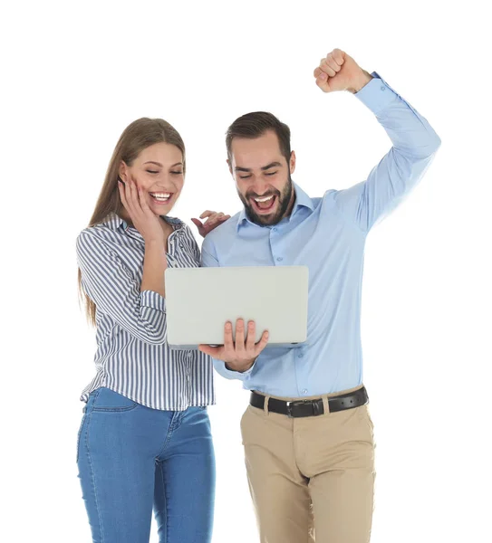 Joven Empresaria Celebrando Victoria Sobre Fondo Blanco —  Fotos de Stock