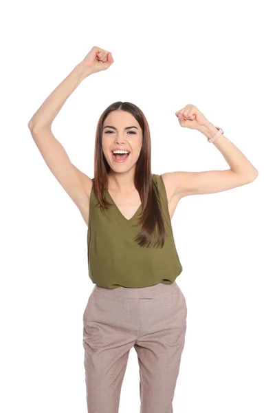 Mujer Joven Celebrando Victoria Sobre Fondo Blanco — Foto de Stock