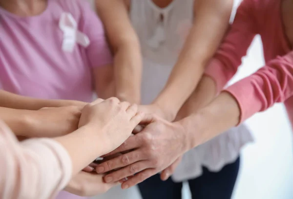 Group Women Silk Ribbons Joining Hands Closeup Breast Cancer Awareness — Stock Photo, Image