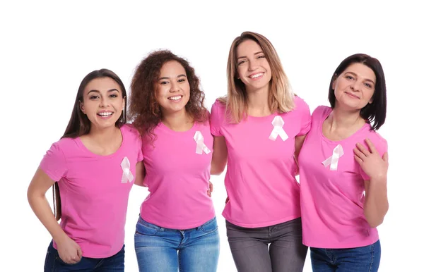 Grupo Mujeres Con Cintas Seda Sobre Fondo Blanco Concepto Conciencia — Foto de Stock