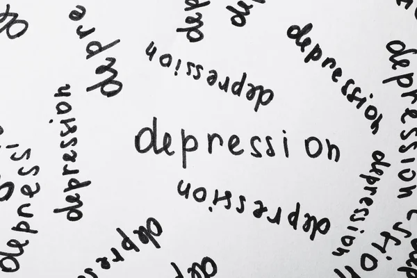 Veel Geschreven Woorden Depressie Wit Papier Als Achtergrond Bovenaanzicht — Stockfoto