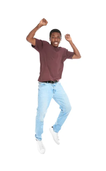 Pełna Długość Portret Człowieka African American Skoki Białym Tle — Zdjęcie stockowe