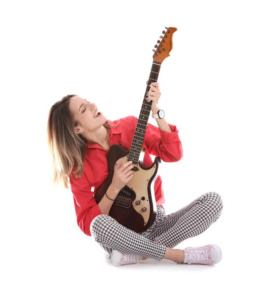 Молода Жінка Грає Електричній Гітарі Білому Тлі — стокове фото