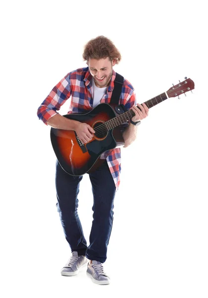Ung Man Spelar Akustisk Gitarr Vit Bakgrund — Stockfoto