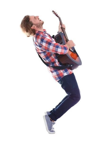 Юнак Грає Акустичній Гітарі Білому Тлі — стокове фото