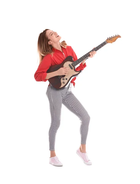 Young Woman Playing Electric Guitar White Background — Stock Photo, Image