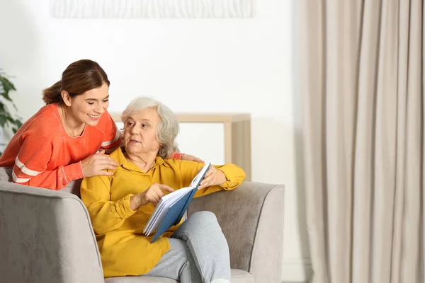 Elderly Woman Female Caregiver Bedroom Space Text — Stock Photo, Image