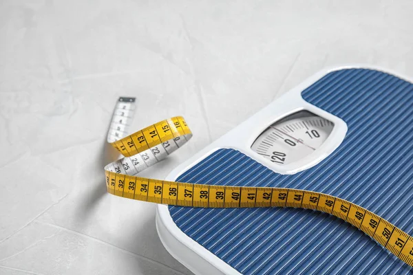 Scales Measuring Tape Light Background Space Text Weight Loss — Stock Photo, Image