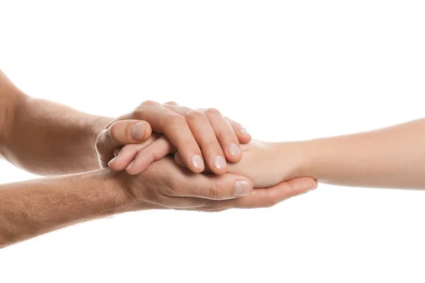 Man Comforting Woman White Background Closeup Hands Help Support Concept — Stock Photo, Image