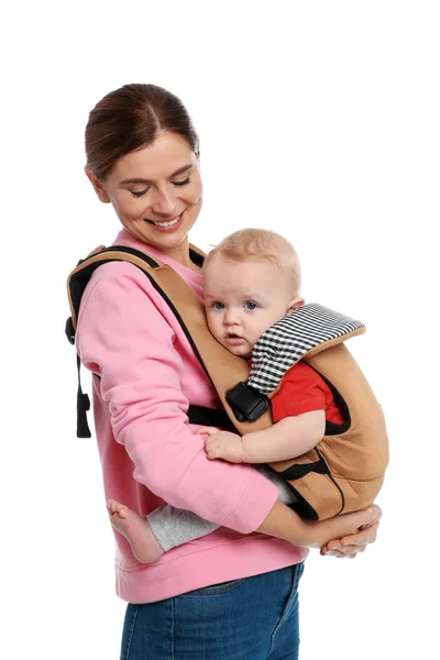 Woman Her Son Baby Carrier White Background — Stock Photo, Image