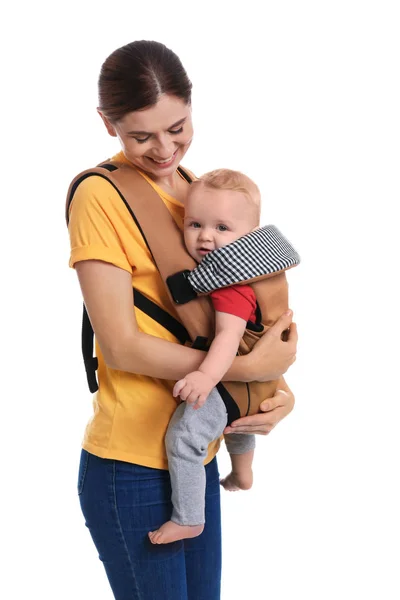 Woman Her Son Baby Carrier White Background — Stock Photo, Image