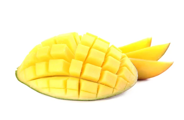 Tagliare Mango Maturo Sfondo Bianco Frutta Tropicale — Foto Stock