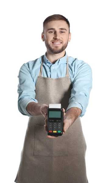 Jovem Vendedor Segurando Terminal Pagamento Isolado Branco — Fotografia de Stock