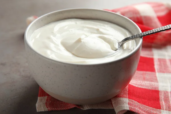 Bowl Fresh Yogurt Spoon Table — Stock Photo, Image