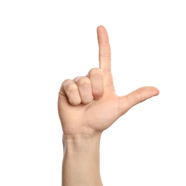Adam Beyaz Arka Plan Closeup Gösteren Harfinde Şaret Dili — Stok fotoğraf