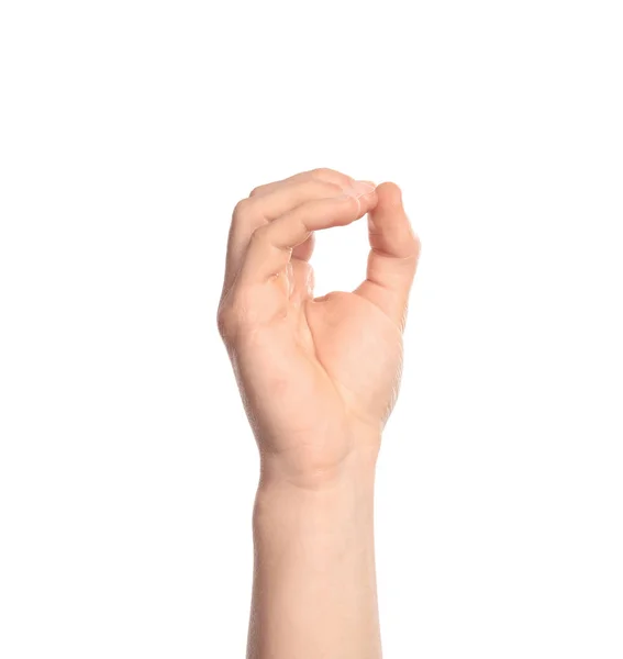 Mann Mit Einem Buchstaben Auf Weißem Hintergrund Nahaufnahme Zeichensprache — Stockfoto