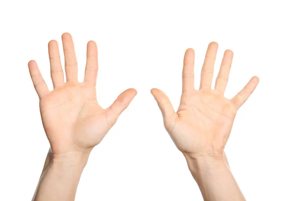 Man Showing Sign Ten White Background Closeup Body Language — Stock Photo, Image