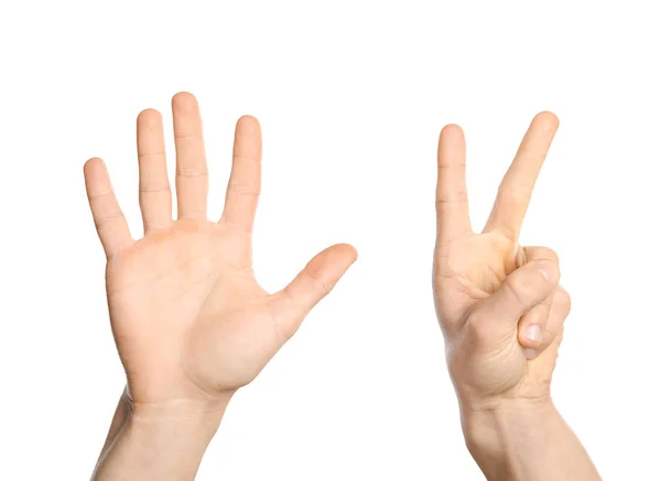 Man Showing Sign Seven White Background Closeup Body Language — Stock Photo, Image