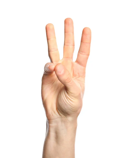 Mann Mit Der Nummer Sechs Auf Weißem Hintergrund Nahaufnahme Zeichensprache — Stockfoto