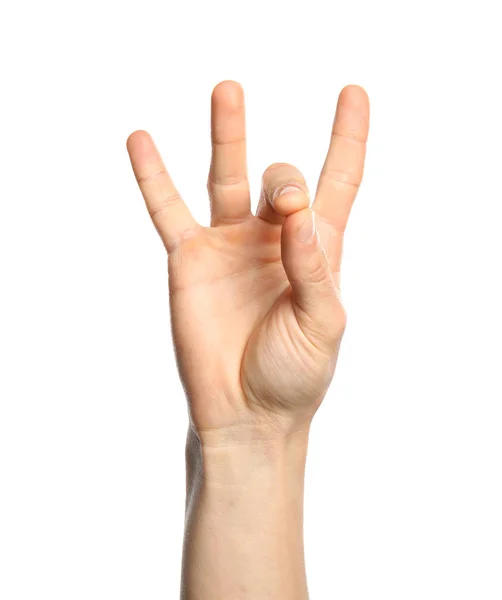 Mann Mit Der Nummer Acht Auf Weißem Hintergrund Nahaufnahme Zeichensprache — Stockfoto