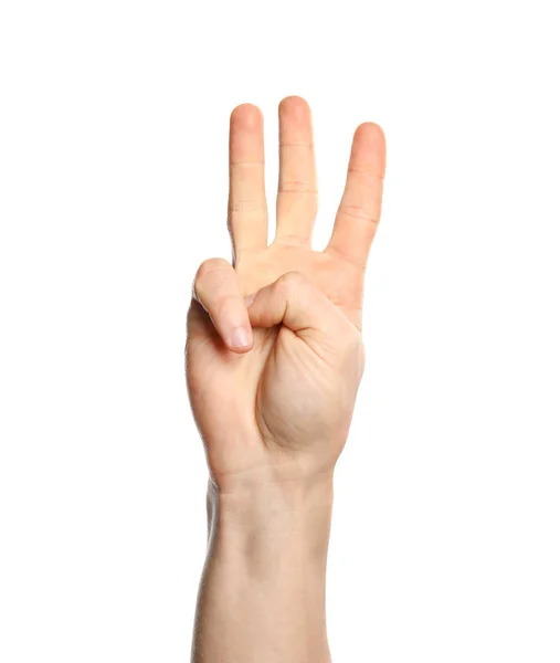 Man Visar Nummer Sex Vit Bakgrund Närbild Teckenspråk — Stockfoto