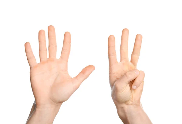 Man Showing Sign Eight White Background Closeup Body Language — Stock Photo, Image