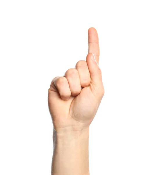 Mann Mit Nummer Eins Auf Weißem Hintergrund Nahaufnahme Zeichensprache — Stockfoto