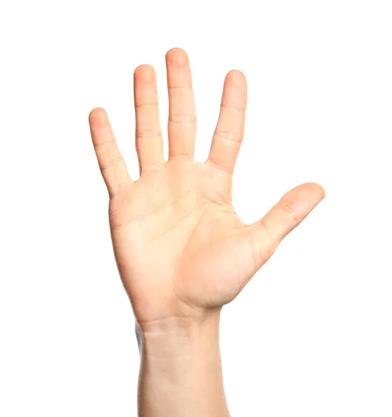 Man Showing Number Five White Background Closeup Sign Language — Stock Photo, Image