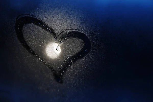 Glass Heart Drawn Condensation Dark Background Space Text — Stock Photo, Image