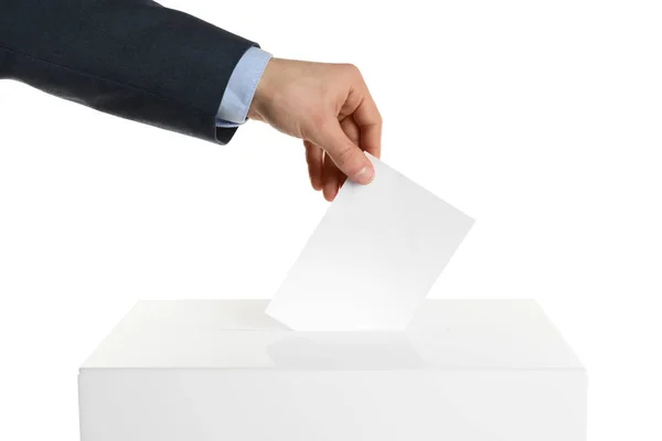 Homme Mettant Son Vote Dans Les Urnes Sur Fond Blanc — Photo