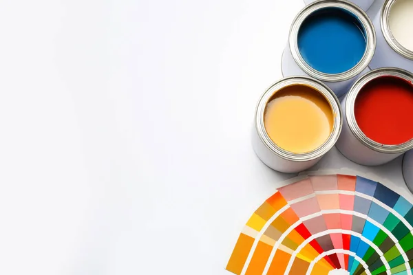 Different Paint Cans Color Palette White Background Top View Space — Stock Photo, Image