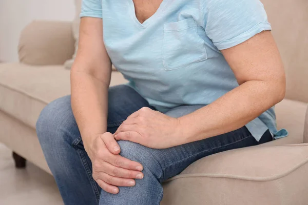 Senior Woman Suffering Knee Pain Home Closeup — Stock Photo, Image