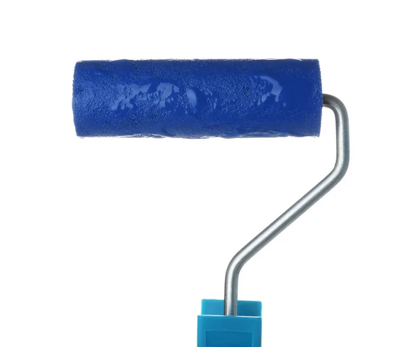 Rollerpinsel Mit Blauer Farbe Auf Weißem Hintergrund — Stockfoto