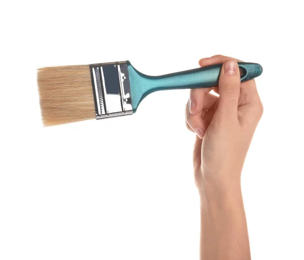 Mulher Segurando Pincel Pintura Fundo Branco Close — Fotografia de Stock