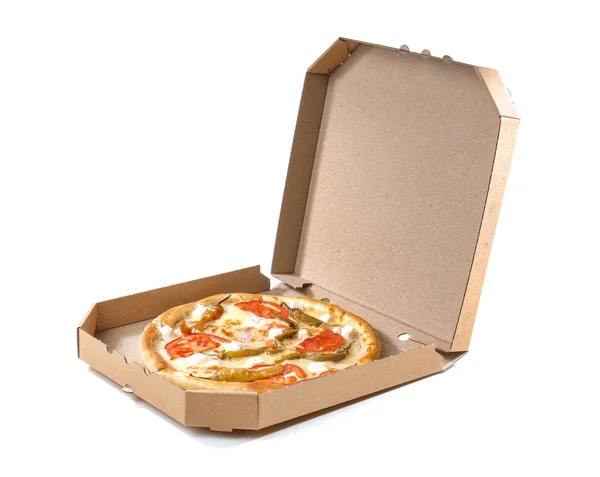 Открытая Картонная Коробка Вкусной Пиццей Белом Фоне Доставка Продуктов Питания — стоковое фото