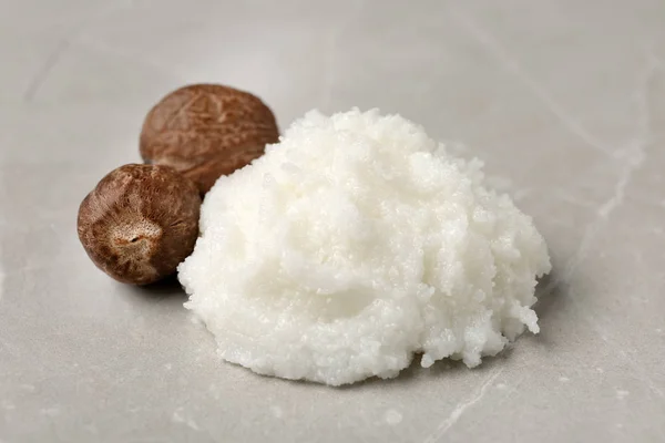 Shea Butter Nuts Grey Background Closeup — Stock Photo, Image