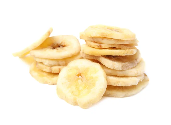 Halom Édes Banán Szeleteket Fehér Háttér Aszalt Gyümölcs Egészséges Snack — Stock Fotó
